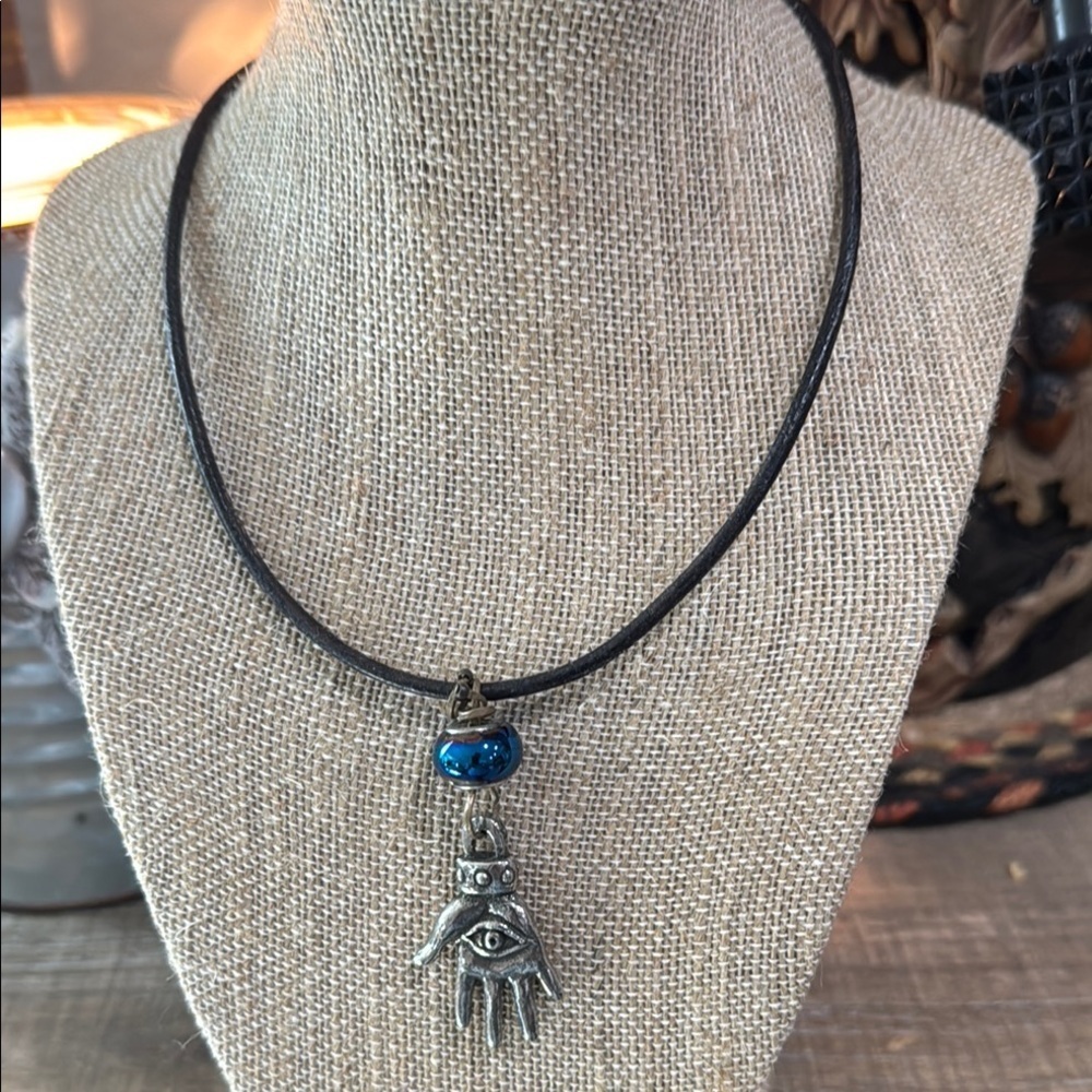 Blue and Silver Hamsa Necklace with Feather Detail